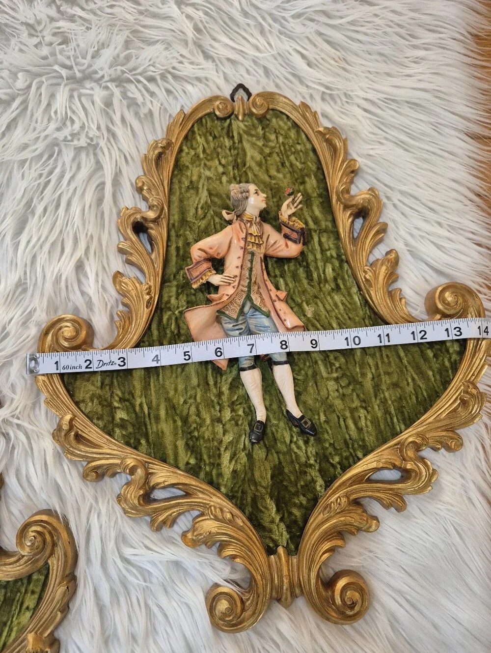 Vintage-Style Green Velvet and Gold Wall Plaques (Pair)